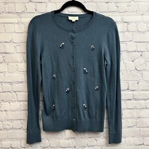 Loft Dusty Blue Button Down Cardigan Embroidered Dainty Flowers Women's XS NWT